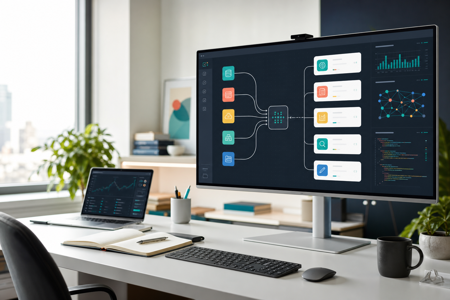 Modern workspace with AI agent and data workflow screens